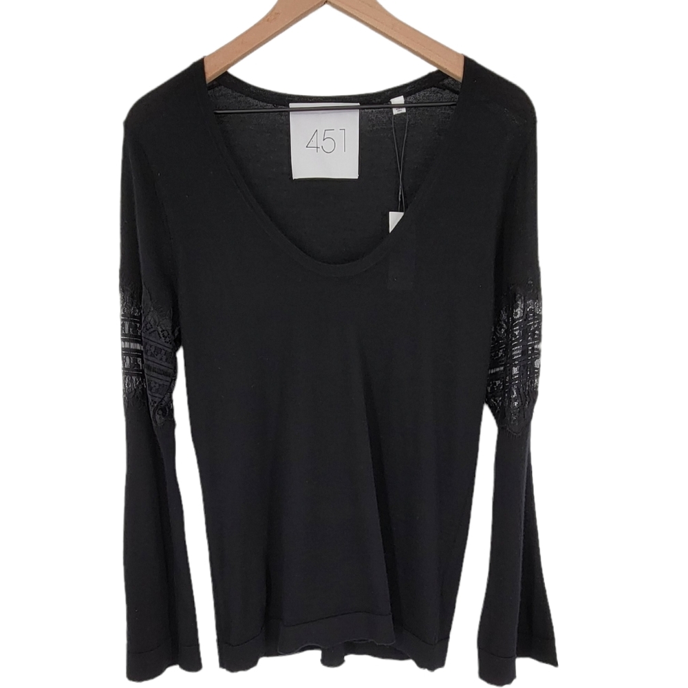 Black Cashmere Scoop Neck Bell Sleeve Lace Inset Sweater Medium NWT